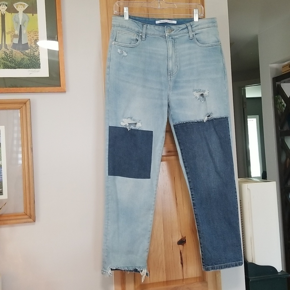 Celebrity Pink Patch Distressed Jeans Straight Leg Higher Rise Size 13/31